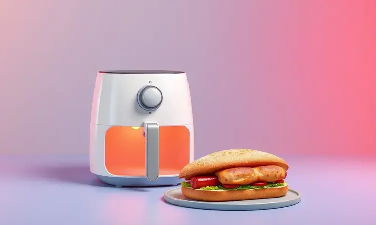 Ilustração 3D conceitual de uma airfryer moderna ao lado de um sanduíche de linguiça crocante e colorido.