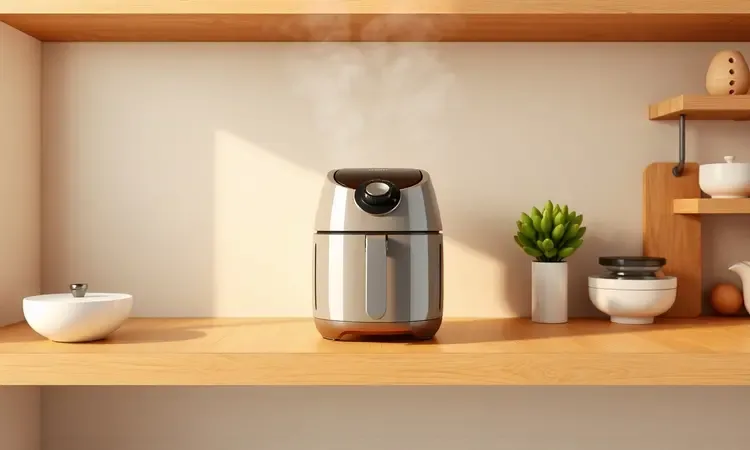 Airfryer pequena posicionada em prateleira de madeira organizada com ventilação adequada em cozinha moderna.