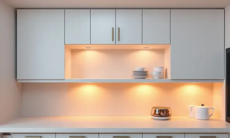 Prateleira de cozinha moderna e arejada com iluminação quente, ideal para armazenar aparelhos e protegê-los da umidade.