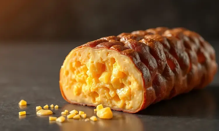 Fatia de kibe de forno mostrando um recheio de queijo derretido e suculento em estilo artístico 3D.