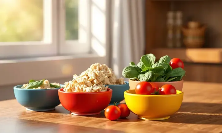 Tigelas coloridas contendo ingredientes frescos como frango desfiado e vegetais para recheios saudáveis de crepioca.
