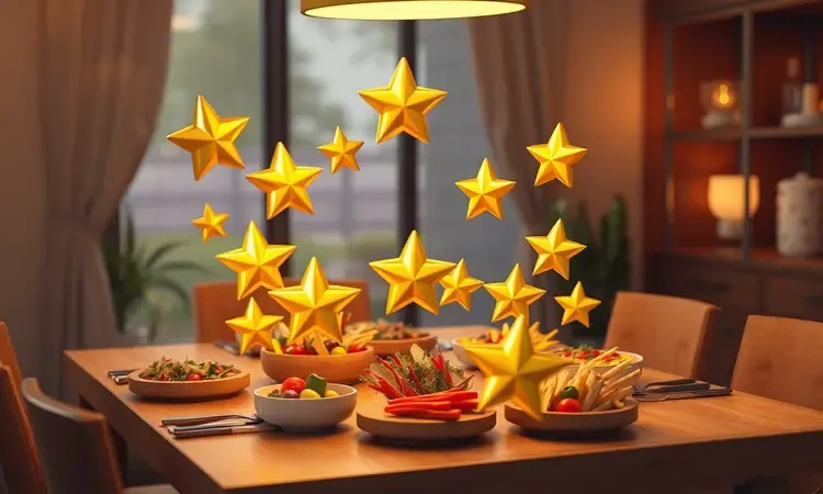 Ícones de estrelas douradas de avaliação flutuando sobre uma mesa de jantar aconchegante com petiscos coloridos.