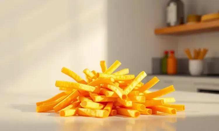 Batatas fritas douradas representadas de forma artística em um ambiente de cozinha conceitual e vibrante.