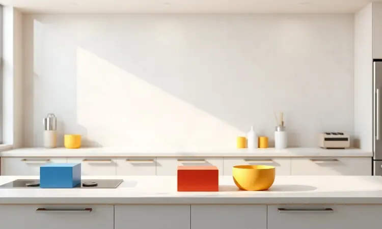 Ilustração de organização de espaço na cozinha com formas geométricas modernas e coloridas em estilo 3D.