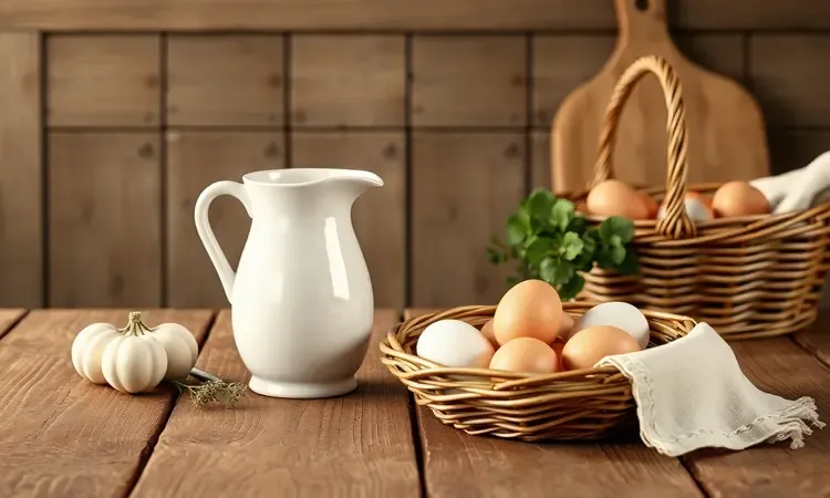 Ingredientes rústicos como ovos e leite dispostos em uma mesa de madeira com iluminação solar quente.