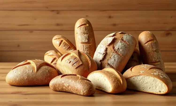 Variedade de pães artesanais e rústicos em uma composição artística 3D com texturas detalhadas e cores quentes.