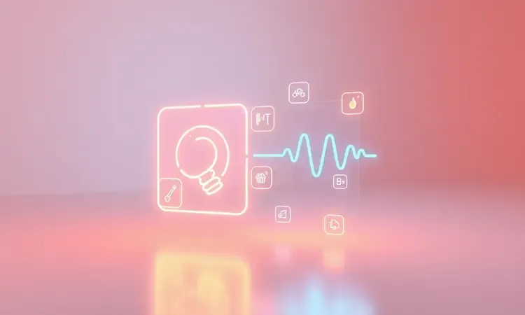 Representação 3D abstrata de um painel digital moderno com ícones de temperatura e tempo em cores vibrantes.