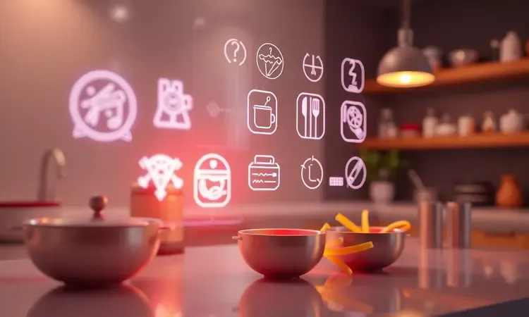 Interface digital futurista com ícones brilhantes e botões programáveis de um eletrodoméstico moderno em 3D.