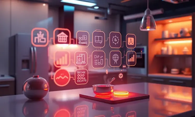 Interface digital abstrata com ícones brilhantes representando um painel touch tecnológico de um forno em 3D.
