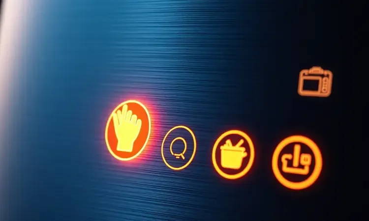 Interface digital futurista e minimalista com ícones brilhantes de funções de cozimento em renderização 3D.