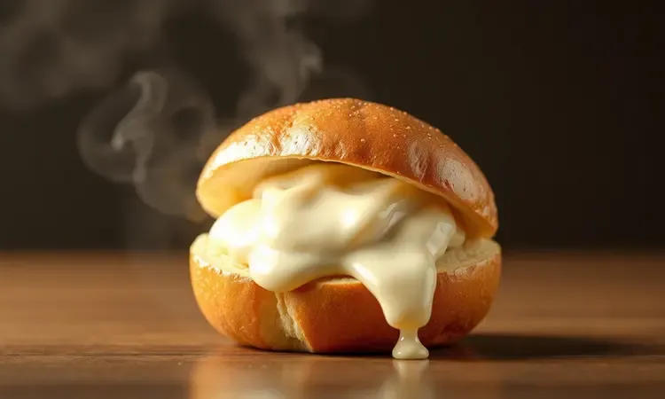 Pão de batata dourado partido ao meio revelando um recheio de queijo cremoso e derretido em estilo 3D.