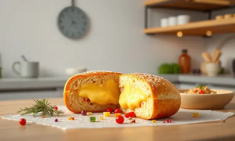 Pão de queijo cortado ao meio revelando um recheio cremoso e derretido em uma renderização 3D artística.
