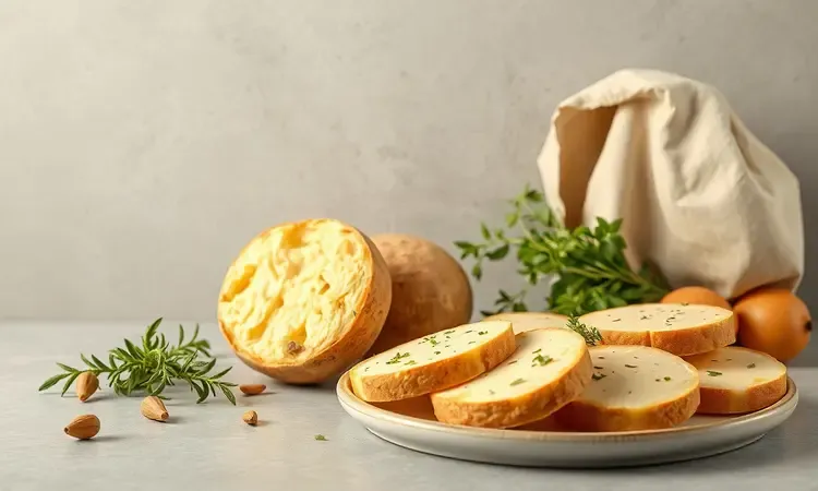 Pão de queijo vegano e ingredientes naturais em uma composição 3D vibrante e colorida.