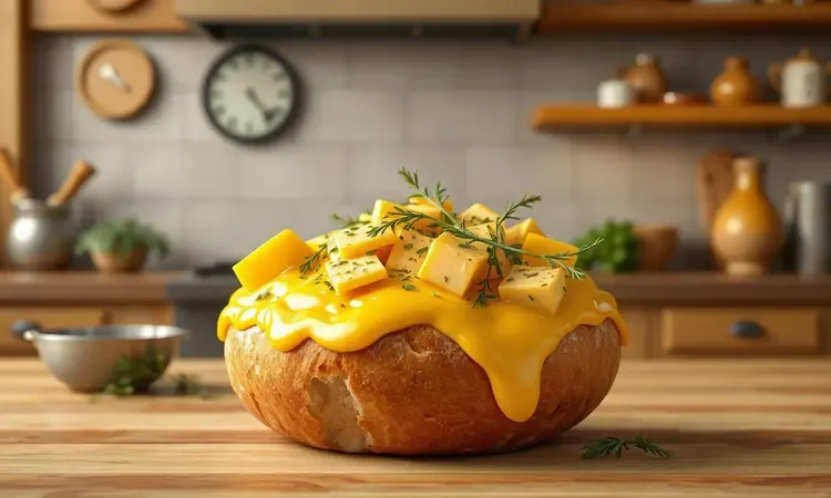 Pão artesanal recheado com creme de queijo derretido e ervas em uma renderização 3D apetitosa.