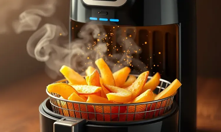 Cesta de airfryer estilizada com batatas douradas saindo vapor em uma cozinha moderna.