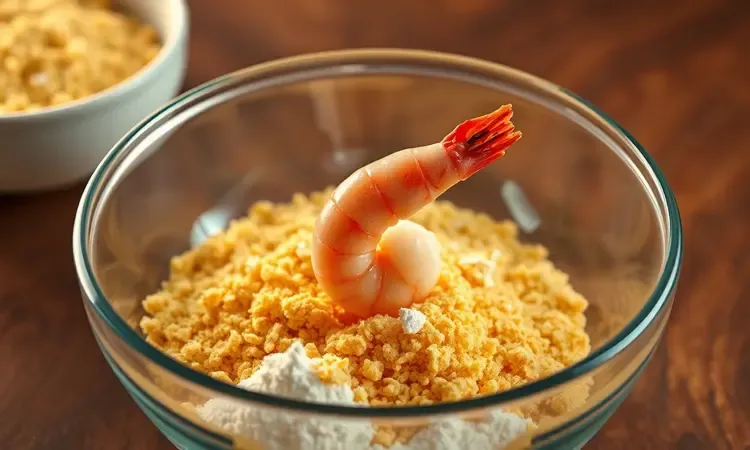 Tigelas coloridas com farinha panko e ingredientes para empanar camarão de forma prática e organizada.