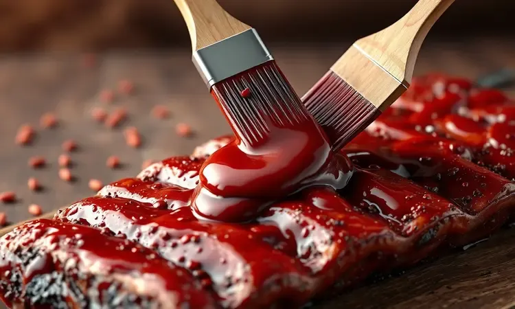 Cena artística de molho barbecue sendo pincelado em costelinhas de porco assadas e suculentas.