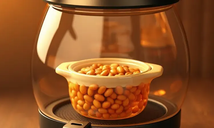 Visualização conceitual em 3D de um pote cerâmico com feijão sendo preparado dentro de uma airfryer.