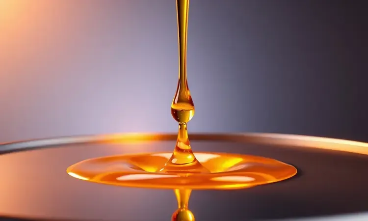 Gota de óleo dourado e brilhante caindo sobre uma superfície metálica lisa em uma renderização artística em 3D.