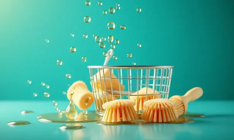 Ilustração 3D conceitual mostrando o processo de cura com gotas de óleo e elementos de cozinha em ambiente vibrante.
