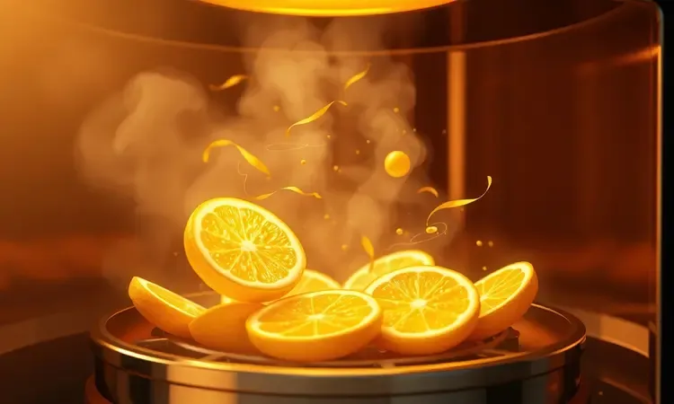 Ilustração conceitual do processo de desidratação de fatias de limão por circulação de ar quente em 3D.