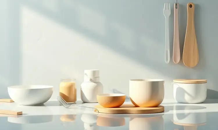 Cena 3D limpa e organizada com utensílios de cozinha minimalistas e superfícies brilhantes para preparo de alimentos.