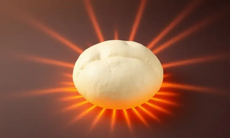 Visualização 3D de massa de pão crescendo com luz quente simulando o calor da air fryer.
