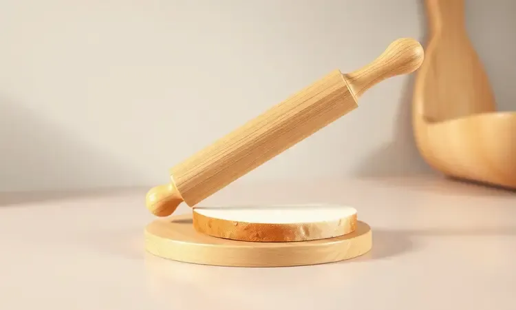 Rolo de massa de madeira achatando uma fatia de pão de forma sobre uma bancada de cozinha limpa.