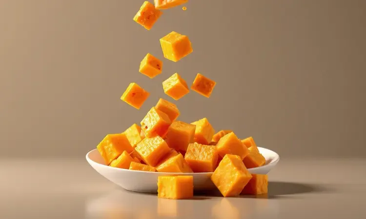 Cubos de abóbora fresca caindo em uma tigela moderna para serem preparados para a airfryer.