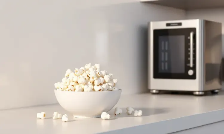 Representação 3D de uma tigela de pipoca branca e fofa ao lado de um eletrodoméstico moderno em um balcão minimalista.