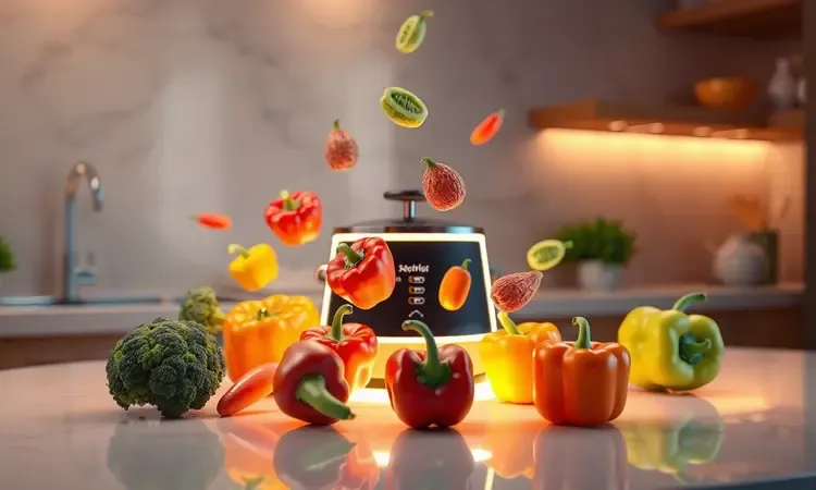 Cena 3D vibrante com vegetais frescos e coloridos dispostos de forma artística em uma bancada de cozinha moderna.