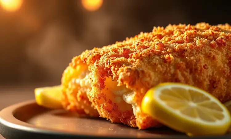 Close-up artístico de um filé de peixe com crosta dourada e crocante acompanhado de fatias de limão siciliano.
