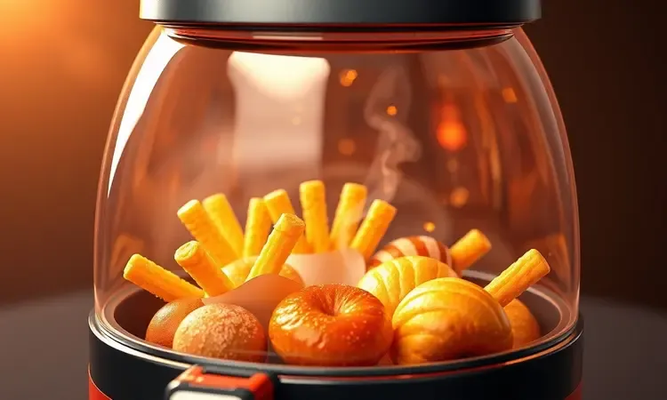 Alimentos diversos sendo preparados de forma crocante dentro de uma fritadeira elétrica sem óleo com luzes quentes.