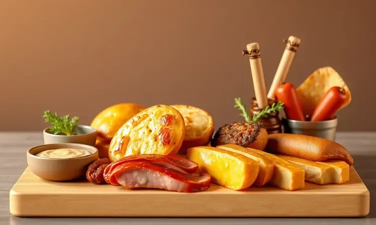 Renderização 3D de pães de queijo e carnes suculentas preparados em uma fritadeira sem óleo.