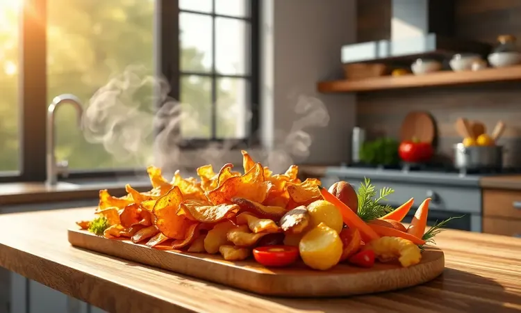 Prato de alimentos crocantes e legumes assados preparados de forma saudável, com iluminação quente e natural em uma cozinha moderna.
