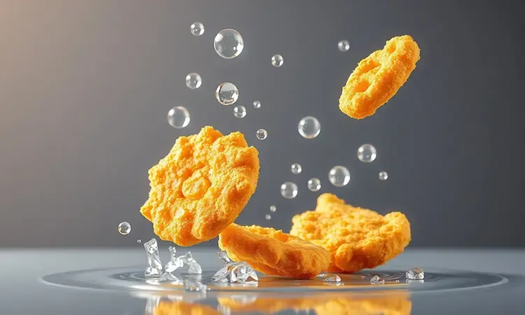Representação 3D de alimentos crocantes e gotas de água simbolizando a eficiência de cozimento e facilidade de limpeza.
