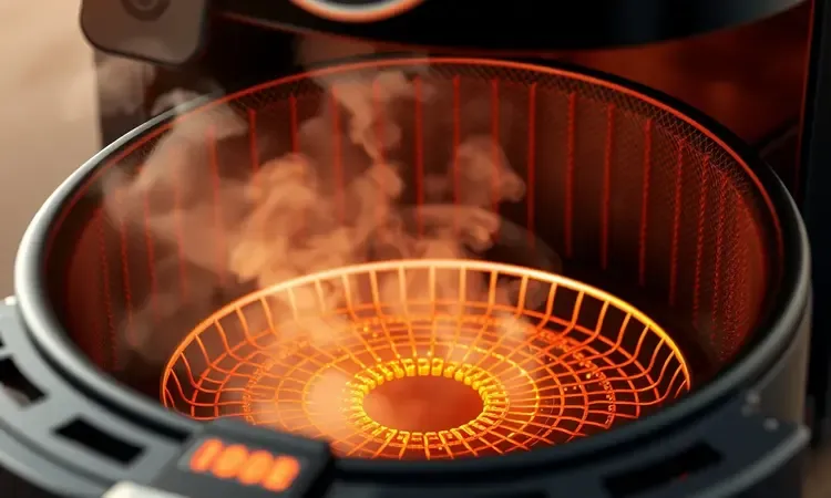 Representação 3D do sistema de circulação de ar quente e performance de uma fritadeira elétrica.