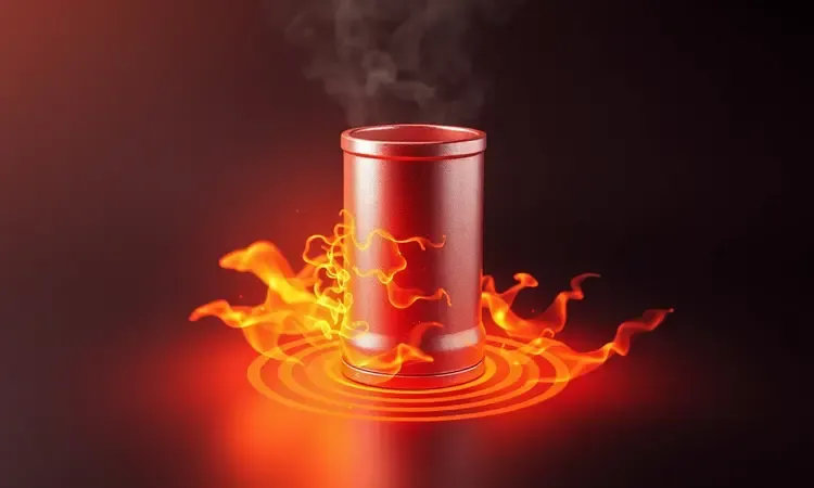 Representação conceitual em 3D de ondas de calor intensas e pressão térmica ao redor de um objeto metálico abstrato.