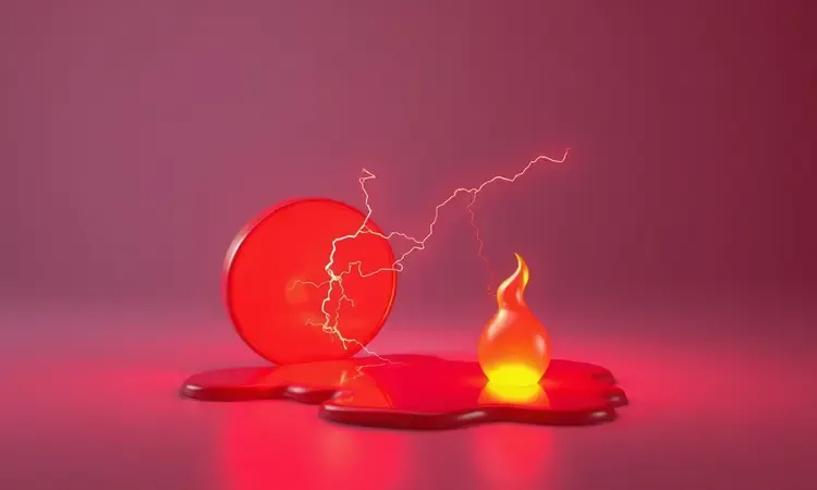 Representação abstrata em 3D de calor intenso e perigo elétrico com tons de vermelho e laranja vibrantes.