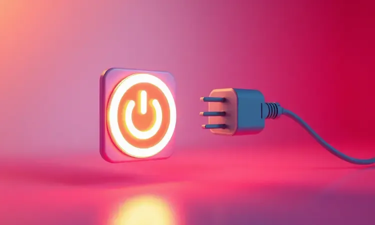 Representação conceitual 3D de um plugue elétrico e um botão de energia em um ambiente de cozinha moderno e vibrante.