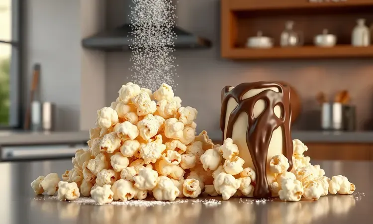 Variedades de pipoca gourmet com chocolate e leite em pó em composição artística 3D colorida.
