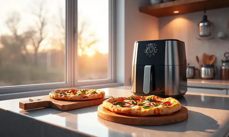 Cena estilizada de uma cozinha moderna com uma air fryer vibrante e ingredientes de pizza frescos.