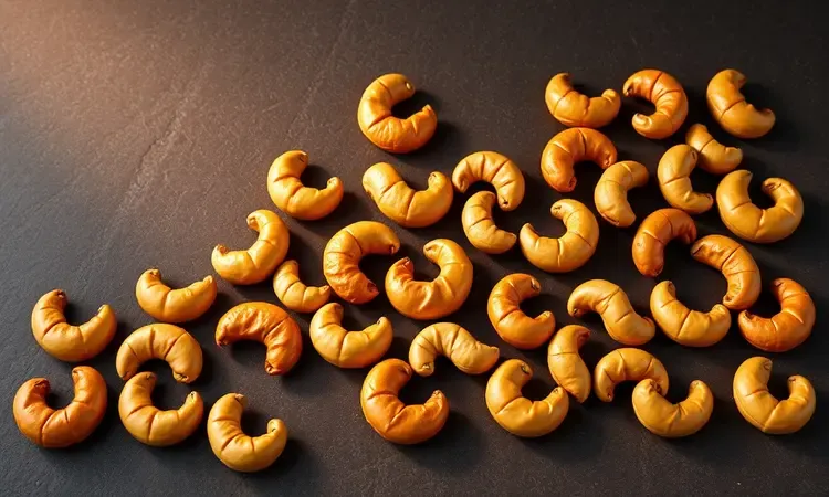 Diferentes tons de dourado em castanhas de caju assadas dispostas sobre pedra escura.
