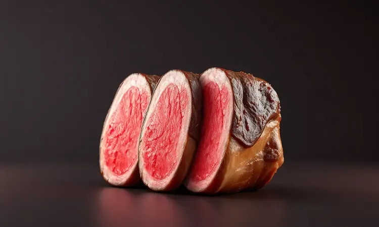 Diferentes pontos de cozimento da carne representados em fatias suculentas e coloridas em 3D.