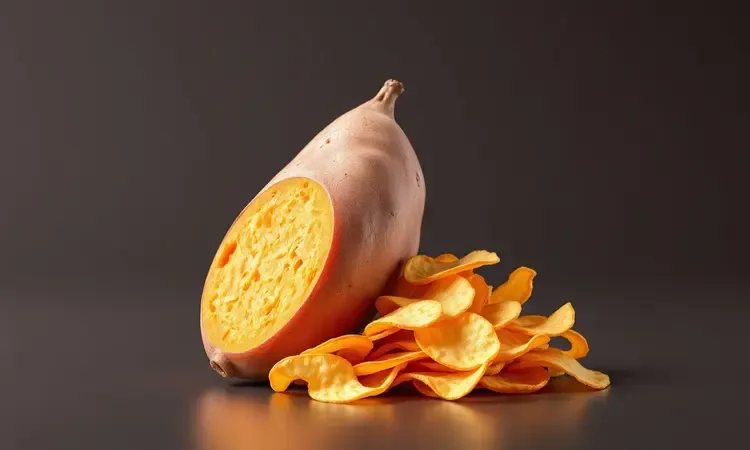 Composição artística mostrando uma batata-doce fresca e uma pilha de chips crocantes e finos.