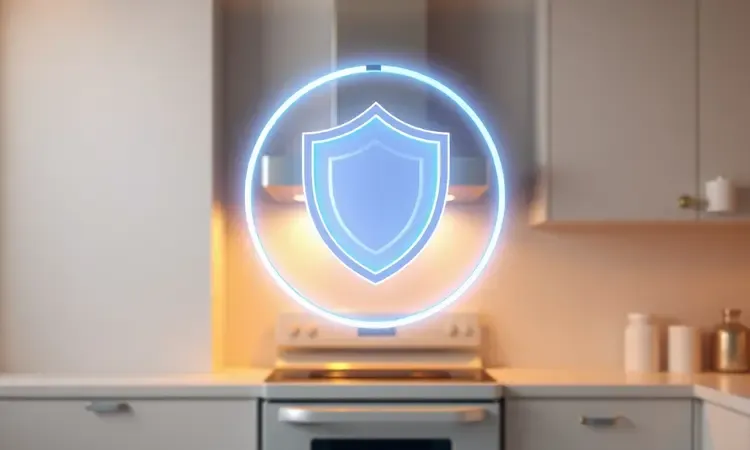 Ícone conceitual de escudo protetor sobre uma superfície metálica, simbolizando a cura e proteção do revestimento antiaderente.