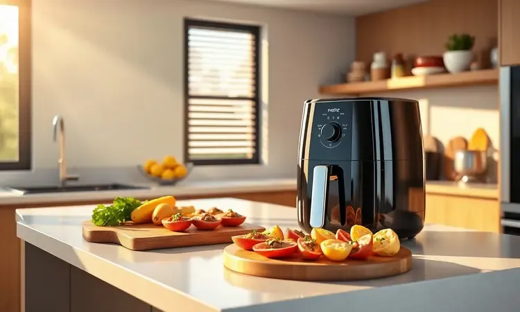 Cozinha contemporânea com air fryer e tábua de madeira servindo petiscos quentes em luz suave.