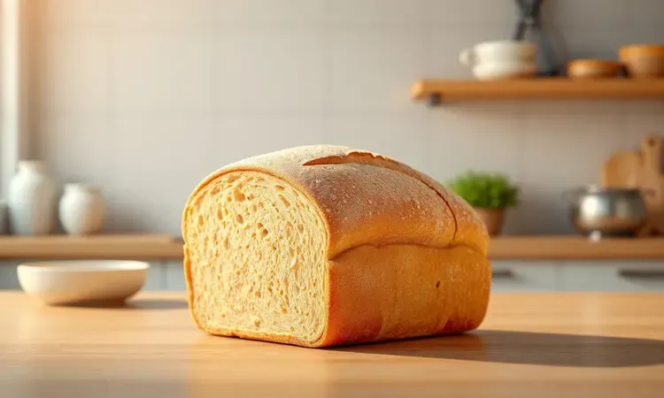Ilustração conceitual 3D de um pão de padaria estilizado em ambiente minimalista com iluminação quente.