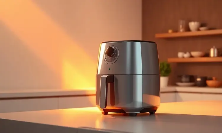 Air fryer moderna em uma bancada de cozinha estilizada com iluminação dourada vibrante.