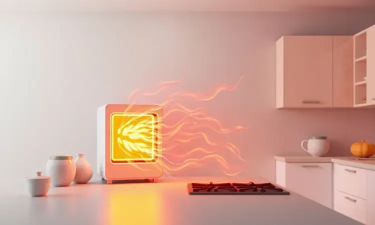 Representação conceitual 3D de fluxo de calor saindo de uma fritadeira elétrica em local ventilado para evitar superaquecimento.